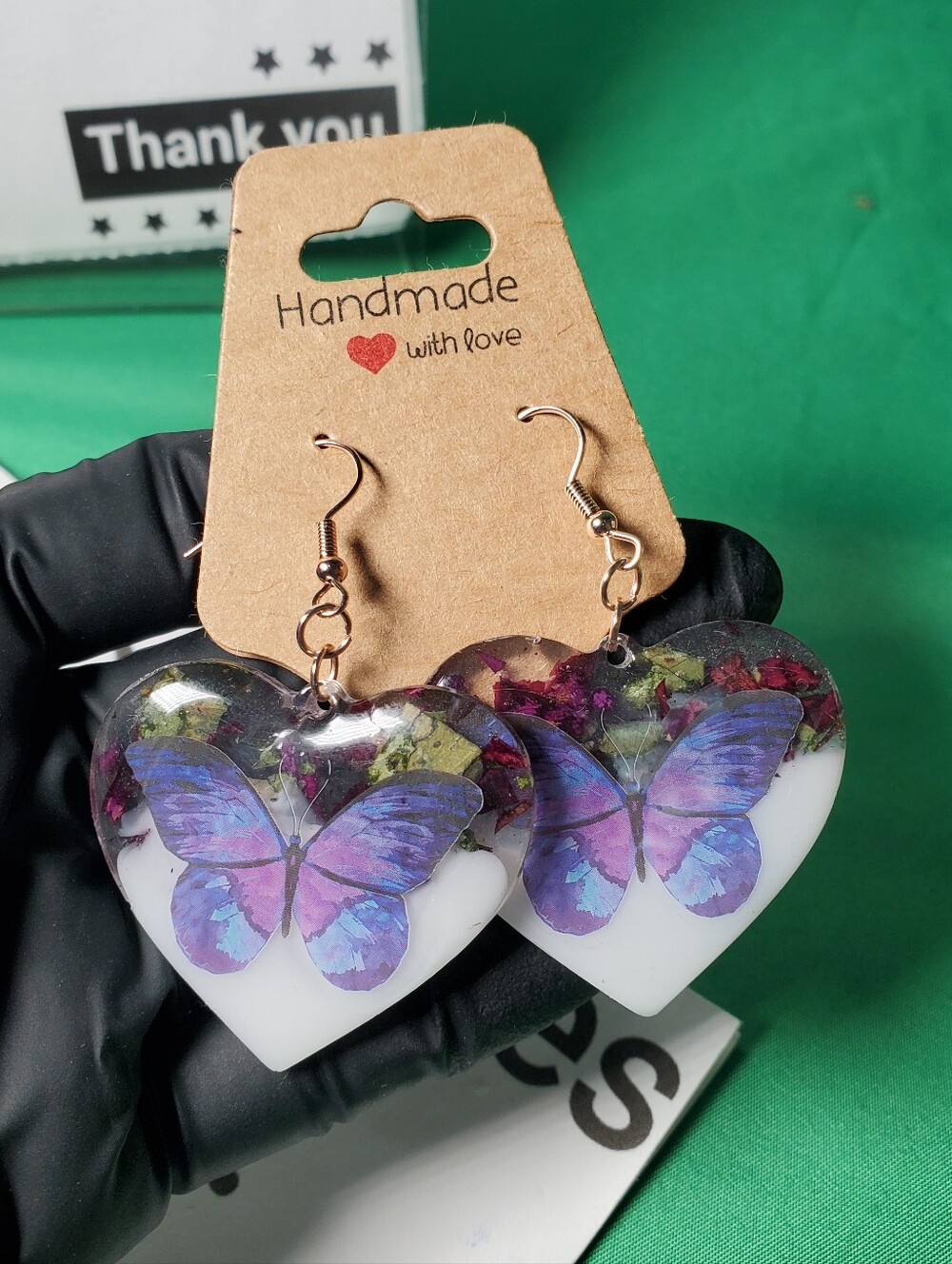 Nature’s Heart: Handmade Dangle Earrings with Real Rose Petals and Butterfly Acc